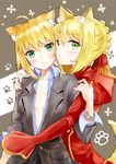  ahoge animal_ears artoria_pendragon_(all) blonde_hair breasts cat_ears cleavage dress epaulettes fate/extra fate/zero fate_(series) formal green_eyes hidaka_ajiko highres kemonomimi_mode medium_breasts multiple_girls nero_claudius_(fate) nero_claudius_(fate)_(all) red_dress saber sidelocks suit 