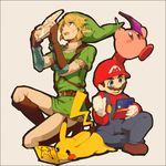  blonde_hair blue_eyes doubutsu_no_mori earrings facial_hair gen_1_pokemon gloves handheld_game_console hat jewelry kirby kirby_(series) link mario mario_(series) multiple_boys mustache nintendo_3ds pikachu pointy_ears pokemon pokemon_(creature) super_mario_bros. super_smash_bros. the_legend_of_zelda yamakaji 