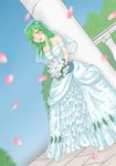  absurdres alternate_costume bare_shoulders blue_sky blush bouquet bow breasts bridal_veil bride cleavage collarbone dress dutch_angle flower frills frog_hair_ornament green_hair hair_bow hair_ornament highres kochiya_sanae long_hair looking_at_viewer medium_breasts open_mouth petals pillar railing rose shintani_masaki sky solo star strapless strapless_dress touhou tree veil wedding_dress white_flower white_rose wind yellow_eyes 