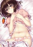  animal_ears bad_id bad_pixiv_id bed_sheet bloomers bloomers_pull blush breasts brown_eyes brown_hair bunny_ears bunny_tail carrot carrot_necklace dress dress_lift highres inaba_tewi jewelry lying navel necklace on_back panties panties_under_bloomers pendant pink_panties print_panties red_eyes small_breasts solo tail touhou underwear wataru_(zazazazazazawa) 