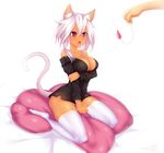  absurdres animal_ears arantheus bare_shoulders blush breast_hold breasts cat_ears cat_tail cat_teaser cleavage dark_skin highres large_breasts off_shoulder open_mouth original panties pantyshot pantyshot_(sitting) pillow pink_eyes pink_hair shirt sitting solo_focus sparkle tail thighhighs tongue underwear white_legwear zettai_ryouiki 