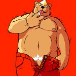  anthro bear biceps big_penis black_nose blonde_hair chubby cum_taste hair i_has_a_flavor looking_at_viewer male mammal nipples nude penis solo tongue topless undressing unknown_artist 