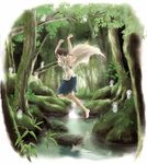  armpits bare_arms branch closed_eyes facepaint forest fur highres jewelry jumping kodama kuei-hua leaf mononoke_hime nature necklace reflection rock san short_hair skirt studio_ghibli tree water 