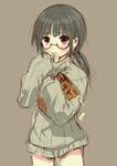  bad_id bad_pixiv_id blush chips eating food glasses hanekoto long_hair original potato_chips simple_background solo sweater 