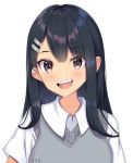  1girl black_hair blush brown_eyes collared dark_skin hair_ornament hairclip ijiranaide_nagatoro-san long_hair looking_at_viewer nagatoro r3d school_uniform shirt signature simple_background smile solo white_background 