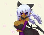  arekishi blue_hair blush breasts cleavage dark_skin demon_girl drill_hair huge_breasts photoshop pointy_ears purple_eyes succubus uni_(arekishi) 