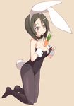  animal_ears bare_shoulders between_breasts black_hair breasts brown_eyes bunny_ears bunny_girl bunnysuit carrot collar kugui_kiyunemu looking_at_viewer original pantyhose short_hair simple_background wrist_cuffs 