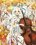  2013 angel artist_name blue_eyes cello copyright_name dino_(trexsilence) dress drill_hair flower hair_flower hair_ornament hair_ribbon happy instrument long_hair miniboy original ribbon sitting tenkuu_no_crystalia thighhighs tree very_long_hair violin watermark white_hair wings 