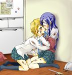  blonde_hair blue_hair blush chocolate closed_eyes couple dirty futari_wa_precure half_updo hand_on_another's_cheek hand_on_another's_face hand_on_another's_leg hug kitchen kneeling licking long_hair messy misumi_nagisa mouth_hold multiple_girls nekoyanagi_matasaburou on_floor precure refrigerator school_uniform short_hair sitting undressing verone_gakuin_school_uniform wariza yellow_eyes yukishiro_honoka yuri 