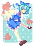  blue_eyes blue_hair cirno colorized do_(4-rt) fang finger_to_mouth hair_ribbon heart highres ice ice_wings mary_janes midriff navel one_eye_closed open_mouth outstretched_arm outstretched_hand puffy_sleeves ribbon shirt shoes short_sleeves skirt skirt_set smile solo touhou vest wings yuimari 