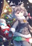  1girl :d absurdres animal_ear_fluff animal_ears antlers bell blurry blurry_background box christmas christmas_tree coat commentary eyebrows_visible_through_hair fur_collar gift gift_box green_eyes grey_hair hair_between_eyes hair_ribbon heterochromia highres kanzakietc kemono_friends long_hair looking_at_viewer mittens multicolored multicolored_clothes multicolored_skirt open_mouth pleated_skirt red_eyes reindeer_(kemono_friends) reindeer_antlers reindeer_ears ribbon sack skirt sled smile solo winter_clothes winter_coat 