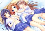  3girls bed kousaka_honoka love_live!_school_idol_project minami_kotori open_shirt skirt sonoda_umi wink yuuyu 