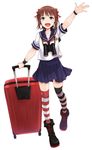  amami_haruka arm_up ayakura_juu badge bag binoculars blush boots brown_hair button_badge full_body green_eyes hair_ribbon idolmaster idolmaster_(classic) open_mouth outstretched_arm ribbon rolling_suitcase school_uniform serafuku short_hair simple_background skirt smile solo striped striped_legwear thighhighs white_background wristband 