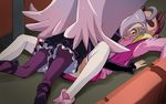  ahoge between_legs blush girl_on_top haruyama_kazunori hoshizora_miyuki lying lying_on_person multiple_girls nico_(smile_precure!) on_back open_mouth panties pantyhose pantyshot pink_hair pink_vest precure purple_eyes purple_hair smile_precure! spread_legs sweatdrop thighhighs twintails underwear vest yuri 