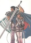  1girl armor berserk boots cape casca gloves guts helmet lowres miura_kentarou shield sword thigh_boots thighhighs weapon 