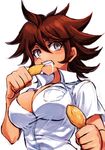  aosa_(momikin) breasts brown_hair chicken_(food) danganronpa eating food fried_chicken large_breasts open_mouth owari_akane solo super_danganronpa_2 