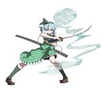  bad_id bad_pixiv_id dress fighting_stance ghost hilt katana konpaku_youmu konpaku_youmu_(ghost) mary_janes rias-coast ribbon rope sheath shoes short_hair socks sword touhou weapon white_background white_hair 