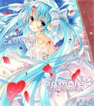  aqua_hair artist_name bad_id bad_pixiv_id blush bow cell1913 cloud dress elbow_gloves gloves green_eyes hair_bow hatsune_miku long_hair looking_back marker_(medium) petals sample sky solo traditional_media twintails veil very_long_hair vocaloid yahoo! 