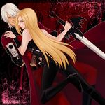  1boy 1girl 2011 anniversary blonde_hair blue_eyes capcom copyright_name couple dante dante_(devil_may_cry) dated devil_may_cry gun hair_over_one_eye long_hair pixiv_manga_sample short_hair smile sword trench_coat trenchcoat trish trish_(devil_may_cry) weapon white_hair 