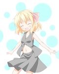  ^_^ blonde_hair blush closed_eyes open_mouth outstretched_arms ribbon rumia shino_megumi short_hair simple_background skirt smile spread_arms touhou vest 
