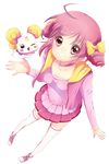  ahoge bow candy_(smile_precure!) casual collarbone drill_hair hoshizora_miyuki kuune_rin looking_up one_eye_closed outstretched_hand perspective pink_bow pink_eyes pink_hair pink_vest precure short_hair simple_background smile smile_precure! solo thighhighs twin_drills twintails vest white_background zettai_ryouiki 