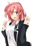  blush exion_(neon) grey_eyes hair_bun one_eye_closed pink_hair school_uniform simple_background solo yahari_ore_no_seishun_lovecome_wa_machigatteiru. yuigahama_yui 