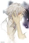  arm blush hand_on_another's_face male_focus memipong nagisa_kaworu neon_genesis_evangelion out_of_frame red_eyes solo_focus white_hair 