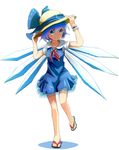  blue_eyes blue_hair bow cirno dress hair_bow hat hat_ribbon looking_at_viewer puffy_sleeves ribbon sandals short_hair smile solo sun_hat tadano_omake touhou wings 