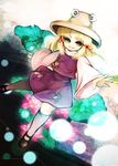  awa_toka bad_id bad_pixiv_id blonde_hair flower frog hair_ribbon hat highres lotus moriya_suwako ribbon short_hair skirt smile solo thighhighs touhou yellow_eyes 