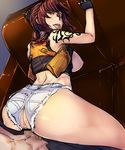  1girl :p absurdres ass back bakuya black_lagoon breasts breasts_outside brown_eyes brown_hair censored clothed_sex couch crop_top denim denim_shorts doggystyle fingerless_gloves gloves hetero highres holster large_breasts long_hair looking_back nipples penis ponytail pussy revy_(black_lagoon) sex shorts shoulder_holster solo_focus tattoo tears tongue tongue_out torn_clothes torn_shorts vaginal 