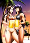  alcohol beach beer beer_mug bikini black_lagoon breasts brown_eyes brown_hair cleavage cloud cup din_(raiden) floral_print highleg highleg_bikini highleg_swimsuit highres holding holding_cup large_breasts leg_between_thighs lips multiple_girls palm_tree parted_lips ponytail print_bikini purple_eyes purple_hair revy_(black_lagoon) roberta_(black_lagoon) scar side-tie_bikini sideboob skindentation sky strap_gap sunset swimsuit tattoo tree 