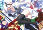  1girl ahoge ass black_bikini_top black_gloves black_legwear blonde_hair blurry bow capelet commentary_request depth_of_field elbow_gloves eyebrows_visible_through_hair eyes_closed fate/grand_order fate_(series) fur-trimmed_capelet fur_trim gift gloves green_bow green_ribbon headpiece jeanne_d&#039;arc_(fate)_(all) jeanne_d&#039;arc_alter_santa_lily long_hair lying on_side ribbon sleeping striped striped_bow striped_ribbon thighs tsuuhan very_long_hair white_capelet 