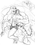  anthro bed biceps boxers bulge claws dinosaur duo erection fangs fondling gay gripping grope holding male muscles nipples pecs penis pillow pose raptor reptile scales scalie size_difference sketch sudonym teeth toe_claws tongue tongue_out topless troll underwear 