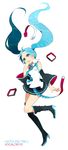  aqua_eyes aqua_hair asapaa belt boots character_name copyright_name detached_sleeves floating_hair full_body hatsune_miku headphones high_heels highres long_hair necktie shoes simple_background skirt solo thigh_boots thighhighs twintails very_long_hair vocaloid white_background 