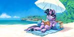  beach beach_umbrella book cloud clouds cutie_mark equine female feral friendship_is_magic fur hair horn horse karol_pawlinski looking_at_viewer mammal my_little_pony pink_hair pony purple_eyes purple_fur purple_hair sand seaside sky solo tree twilight_sparkle_(mlp) two_tone_hair umbrella unicorn water 