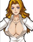 areola_slip areolae between_breasts bleach blonde_hair blue_eyes breasts chain cleavage huge_breasts long_hair matsumoto_rangiku mikazuki_shigure mole mole_under_mouth no_bra open_clothes open_shirt shirt solo upper_body 