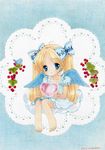  absurdres angel angel_wings bad_id bad_pixiv_id barefoot bird blonde_hair blue_eyes cherry child dress food fruit hair_ribbon heart highres kan-ko long_hair original ribbon smile solo twintails very_long_hair wings 