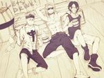  3boys cup drink male male_focus marco monochrome mug multiple_boys one_piece portgas_d_ace sitting tattoo thatch topless trio whitebeard_pirates 