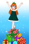  1girl bare_arms bare_legs blue_eyes christmas dress earrings freckles gift_wrap headdress holly j8d jewelry orange_hair original presents raised_arms safe sandals smile snowflake solo 