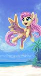  beach blue_eyes cutie_mark equine female feral fluttershy_(mlp) friendship_is_magic fur hair horse karol_pawlinski mammal my_little_pony open_mouth pegasus pink_hair pony sand seaside sky solo tree water wings yellow_feathers yellow_fur 