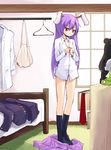  animal_ears black_legwear blazer bunny_ears bunny_tail character_doll chest_of_drawers dress_shirt jacket kakizaki_(chou_neji) konpaku_youmu long_hair necktie no_pants panties panties_aside purple_hair red_eyes reisen_udongein_inaba shirt skirt skirt_around_ankles skirt_removed socks solo standing tail touhou unbuttoning underwear undressing 