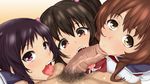  1boy 3girls :&gt;= blush brown_eyes brown_hair caressing_testicles clothed drooling fellatio hair_bobbles hair_ornament ko-yan licking looking_at_viewer maeda_kanon male_pubic_hair multiple_fellatio multiple_girls niimi_haruka_(photokano) nude open_mouth oral penis photokano pubic_hair purple_eyes purple_hair sakura_mai_(photokano) saliva school_uniform sucking_testicles sweat teamwork teeth testicles tongue tongue_out twintails uncensored veins veiny_penis 