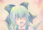  blue_eyes blue_hair bow cirno highres open_mouth solo touhou traditional_media watercolor_(medium) wings yuyu_(00365676) 