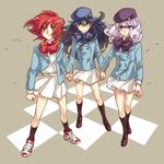  akashi_kaoru b.a.b.e.l._uniform beret black_hair blue_eyes glasses hat holding_hands long_hair long_sleeves multiple_girls nogami_aoi purple_eyes purple_hair red_eyes red_hair sannomiya_shiho shoes short_hair skirt sneakers socks the_children to_siva uniform wind zettai_karen_children 