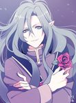  2012 dated flower grey_eyes grey_hair incubus_(puyopuyo) long_hair male_focus pointy_ears purple_background puyopuyo red_flower red_rose rose smile solo yamori_(ymrr) 