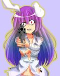 animal_ears bad_id bad_pixiv_id breasts bunny_ears cleavage dress_shirt gun handgun himeco long_hair medium_breasts navel no_bra open_mouth purple_hair red_eyes reisen_udongein_inaba revolver shirt simple_background solo tears torn_clothes touhou underboob weapon yandere 
