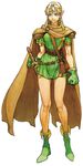  bag bare_legs belt between_breasts blonde_hair boots breasts cape dungeons_&amp;_dragons:_shadow_over_mystara dungeons_and_dragons earrings elf forehead_jewel gloves green_footwear green_gloves jewelry large_breasts long_hair lucia_(d&amp;d) nishimura_kinu official_art pointy_ears purple_eyes satchel sheath sheathed shoulder_pads solo standing strap_cleavage sword tunic weapon 