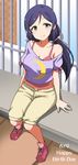  breasts green_eyes happy_birthday kidachi long_hair looking_at_viewer love_live! love_live!_school_idol_project low_twintails medium_breasts off_shoulder shirt sitting smile solo t-shirt toujou_nozomi twintails 