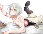  1boy absurdres arm_up bishounen fate/grand_order fate_(series) gao_changgong_(fate) highres leg_up looking_at_viewer lying male_focus mask mask_removed on_bed on_stomach shirtless silver_hair simple_background smile solo teira white_background 