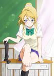  ayase_eli barefoot blonde_hair blue_eyes blush bow bowtie commentary curtains desk feet foreshortening ginmaru holding_socks long_hair looking_at_viewer love_live! love_live!_school_idol_project panties pantyshot pantyshot_(sitting) ponytail pov_feet school_desk scrunchie single_sock sitting skirt smile smirk socks solo teasing toenails toes underwear vest white_scrunchie 